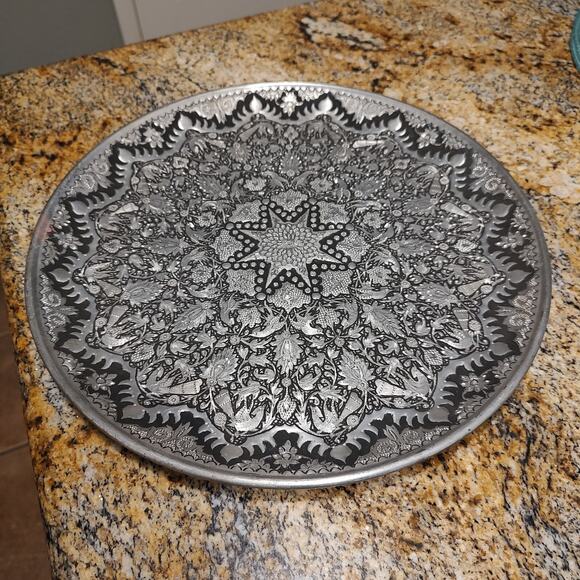 Vintage Handmade Vintage Middle Eastern Round Silver Tray Floral Design - Picture 1 of 16